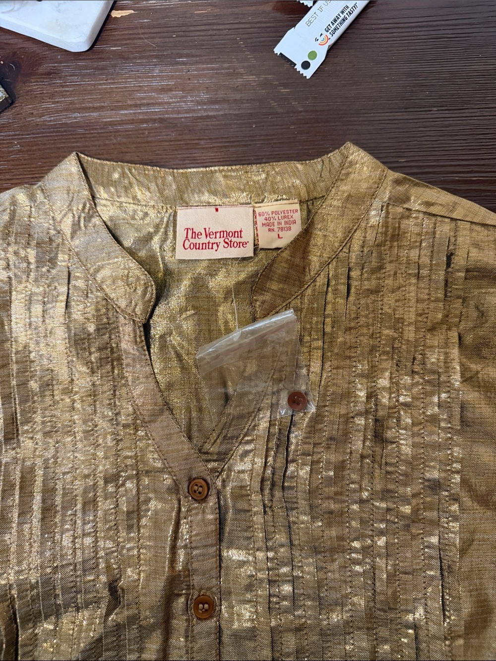The Vermont Country Store Gold Metallic Lurex pintuck Blouse Tunic women’s L